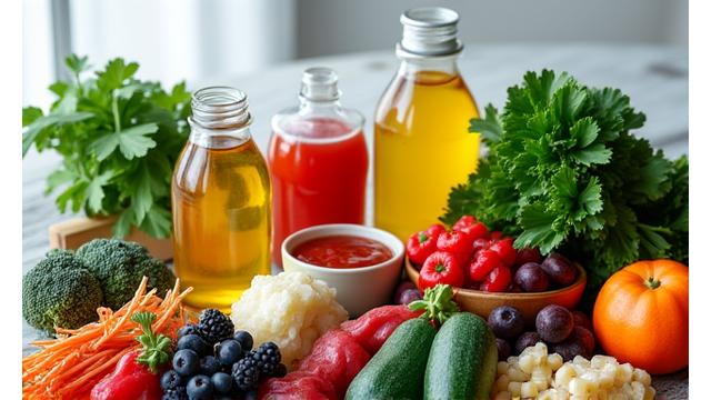 A diverse assortment of fresh, colorful vegetables and probiotic-rich foods on a rustic wooden table